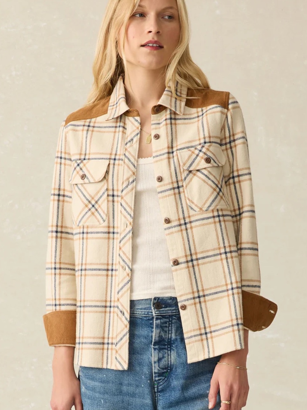 Faherty Daly Cream Plaid Button Down Shirt with Tan Suede Accents sz large